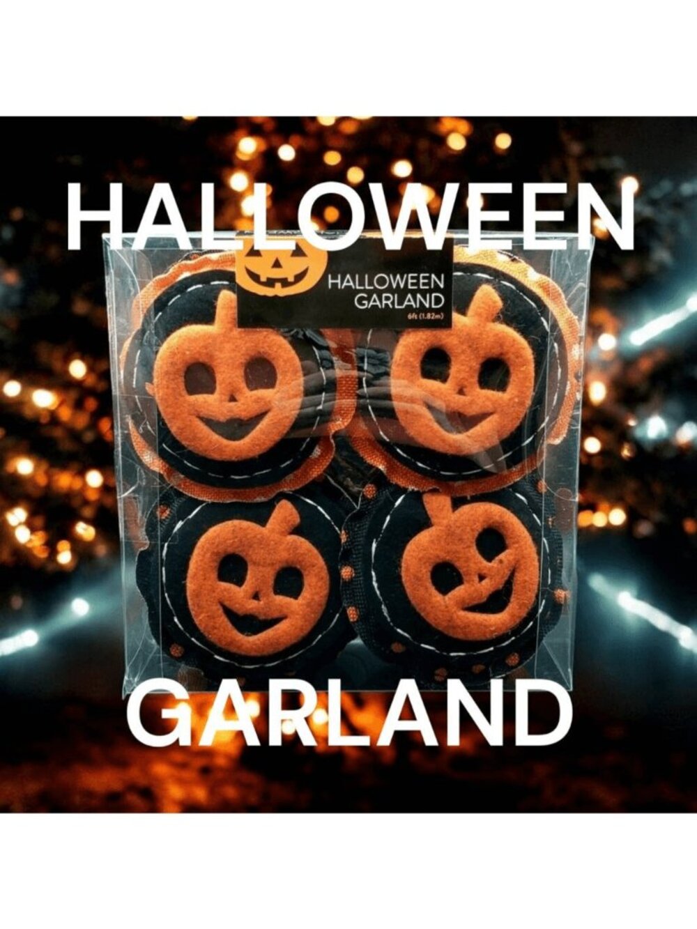 Halloween Pumpkins Garland Jack O'Lantern Banner Felt Polka Dots 6ft Mantel Deco